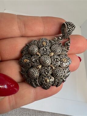 SARDA Ornate Sterling Silver and 18K Gold Accent Floral Pendant